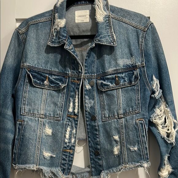 Hidden Distressed Blue Denim Jacket, Size Large - Picture 2 of 9